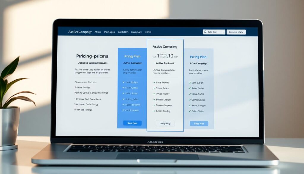 A high-resolution, photorealistic image of the ActiveCampaign pricing plans showcased on a sleek, modern user interface. The plans are presented in a clean, well-organized grid layout, with clear delineation between the different tiers. The color scheme is a harmonious blend of blues, grays, and whites, conveying a sense of professionalism and trustworthiness. The interface features subtle gradients, clean typography, and balanced spacing, creating an intuitive and visually appealing experience. The scene is illuminated by a warm, natural lighting, casting soft shadows and highlights that accentuate the various plan details. The overall mood is one of clarity, simplicity, and attention to detail, reflecting the core values of the ActiveCampaign brand.