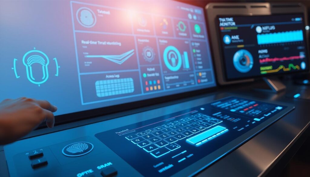 A high-tech control panel displays cutting-edge authentication technologies. In the foreground, a biometric scanner reads a fingerprint while a facial recognition camera scans the user's features. The middle ground showcases a holographic keypad and a retinal eye scanner. In the background, a large screen displays a security dashboard with real-time threat monitoring and access logs. Sleek metallic surfaces, cool blue lighting, and a minimalist design convey a sense of advanced, secure authentication for the modern small and medium enterprise. A high-tech control panel displays cutting-edge authentication technologies. In the foreground, a biometric scanner reads a fingerprint while a facial recognition camera scans the user's features. The middle ground showcases a holographic keypad and a retinal eye scanner. In the background, a large screen displays a security dashboard with real-time threat monitoring and access logs. Sleek metallic surfaces, cool blue lighting, and a minimalist design convey a sense of advanced, secure authentication for the modern small and medium enterprise.