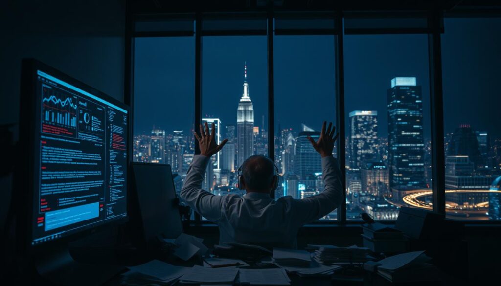 A high-tech office setting, dimly lit with a moody, tense atmosphere. In the foreground, a computer monitor displays a series of complex data visualizations and error messages, hinting at technical issues with an AI system. The middle ground features a frustrated user, hands raised in exasperation, surrounded by a clutter of papers and documents. In the background, a large window overlooking a bustling city skyline, emphasizing the real-world implications of these AI compliance problems. The overall scene conveys a sense of unease and the urgent need to address AI's regulatory challenges.