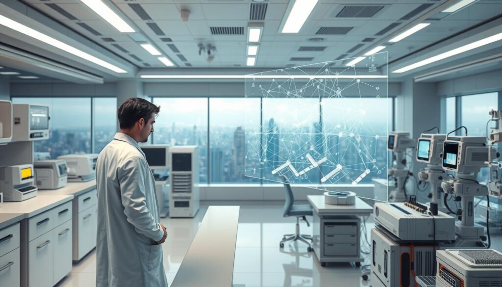 A meticulously detailed 3D rendering of a futuristic AI laboratory. In the foreground, a scientist in a crisp white lab coat stands at a sleek workstation, intently focused on a holographic display showcasing complex neural network architectures. The midground features an array of high-tech instruments and diagnostic equipment, bathed in the soft glow of ambient lighting. In the background, a panoramic window reveals a sprawling cityscape, hinting at the broader technological landscape in which this AI research takes place. The scene conveys a sense of cutting-edge innovation, meticulous precision, and the transformative potential of fine-tuning techniques in advancing artificial intelligence.