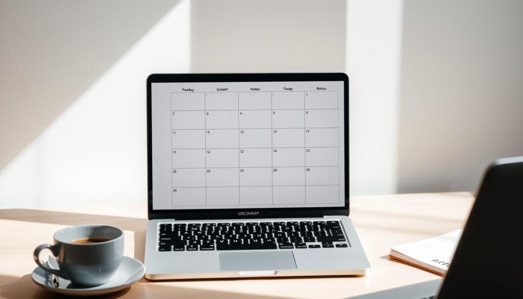 A minimalist and elegant content calendar template displayed on a light wooden desk, with a laptop, pen, and coffee cup in the foreground. The calendar features a clean grid layout with clear sections for dates, content types, and notes. Soft natural lighting illuminates the scene, creating a serene and focused atmosphere. The template conveys a sense of organization and productivity, ideal for effectively planning content creation and distribution.