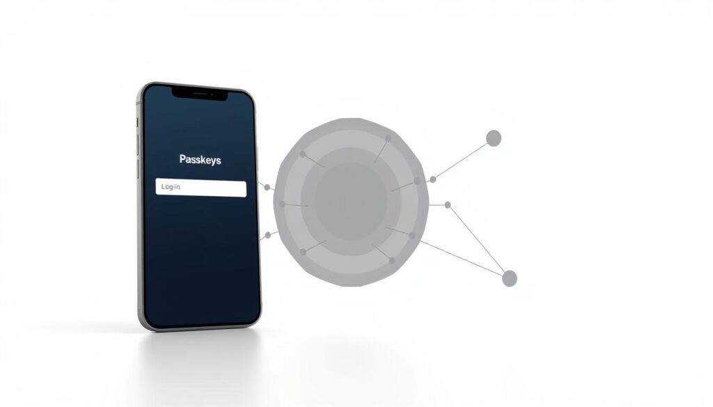 A minimalist, high-contrast illustration depicting the concept of passkeys authentication. In the foreground, a sleek, modern smartphone displaying a simplified passkey login screen, its screen illuminated by soft, directional lighting. In the middle ground, abstract geometric shapes and lines representing the underlying cryptographic protocols that enable passkey authentication, rendered in a muted color palette. The background is a clean, neutral space, allowing the core elements to take center stage and convey the simplicity and security of the passkey system. A minimalist, high-contrast illustration depicting the concept of passkeys authentication. In the foreground, a sleek, modern smartphone displaying a simplified passkey login screen, its screen illuminated by soft, directional lighting. In the middle ground, abstract geometric shapes and lines representing the underlying cryptographic protocols that enable passkey authentication, rendered in a muted color palette. The background is a clean, neutral space, allowing the core elements to take center stage and convey the simplicity and security of the passkey system.