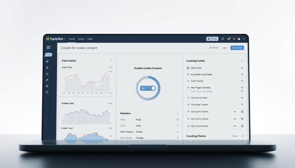 A modern, minimal compliance platform interface with a clean, monochromatic design. The foreground features a sleek dashboard displaying various metrics and statistics related to cookie consent management. The middle ground showcases a user-friendly toggle for enabling/disabling cookie consent, surrounded by intuitive controls and settings. In the background, a subtle grid pattern creates a sense of structure and organization, complemented by soft, diffused lighting that emanates a professional, enterprise-grade atmosphere. The overall impression is one of a powerful, yet elegant and user-friendly compliance tool.