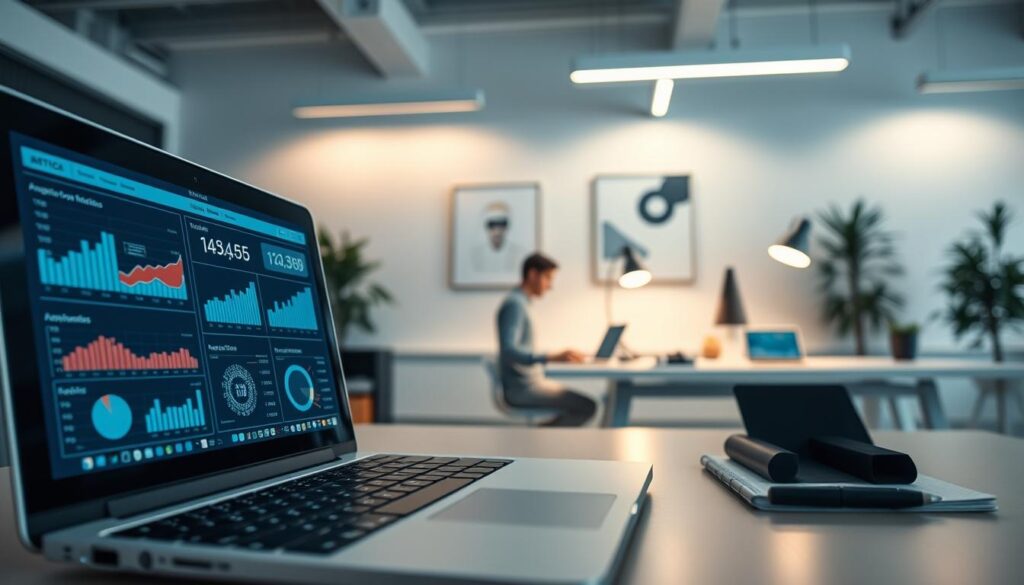 A modern, minimalist office setting with an emphasis on data and technology. In the foreground, a laptop displays various SEO metrics and analytics, casting a soft glow. In the middle ground, a developer's desk with a clean, organized workspace, including a tablet, pen, and notebook. The background features simple, geometric wall art and modern, adjustable lighting. The overall atmosphere is focused, productive, and infused with a sense of innovation and programmatic optimization.