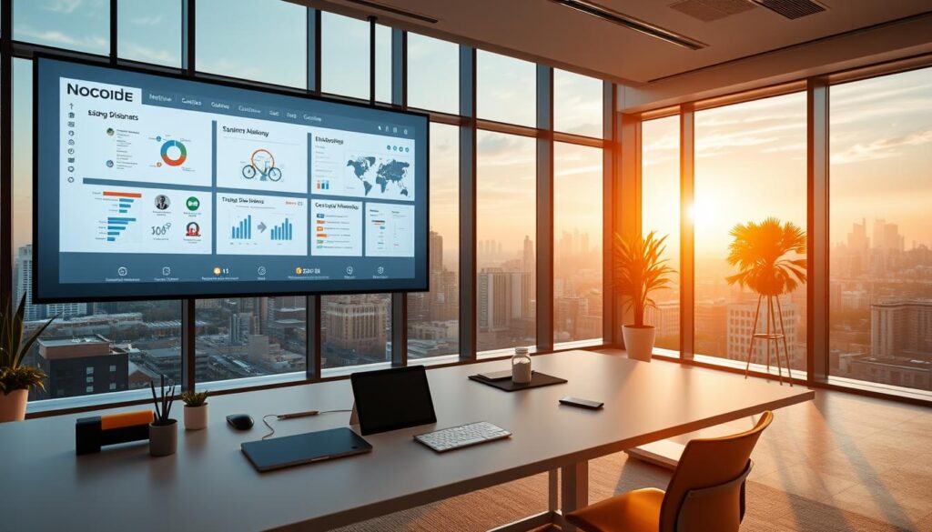 A modern office interior with a large display showcasing no-code platform interfaces. The foreground features a sleek, minimalist workstation with a laptop, tablet, and various productivity tools. The middle ground depicts intuitive drag-and-drop dashboards, low-code automation workflows, and visual analytics. The background showcases a panoramic cityscape view through floor-to-ceiling windows, bathed in warm, natural lighting. The overall atmosphere conveys efficiency, innovation, and the empowerment of non-technical users to create tailored operational solutions.