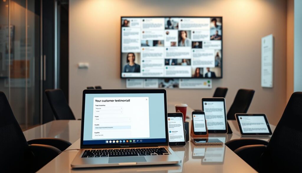 A modern office setting with a sleek, minimalist aesthetic. In the foreground, a laptop displays a digital form for gathering customer testimonials, its screen illuminated by soft, warm lighting. The middle ground features an array of smartphones and tablets, each showcasing various testimonial submission interfaces. In the background, a wall-mounted display presents a collage of positive customer reviews, the text and imagery subtly reflected on the glossy surface. The overall atmosphere conveys efficiency, professionalism, and a seamless customer experience.