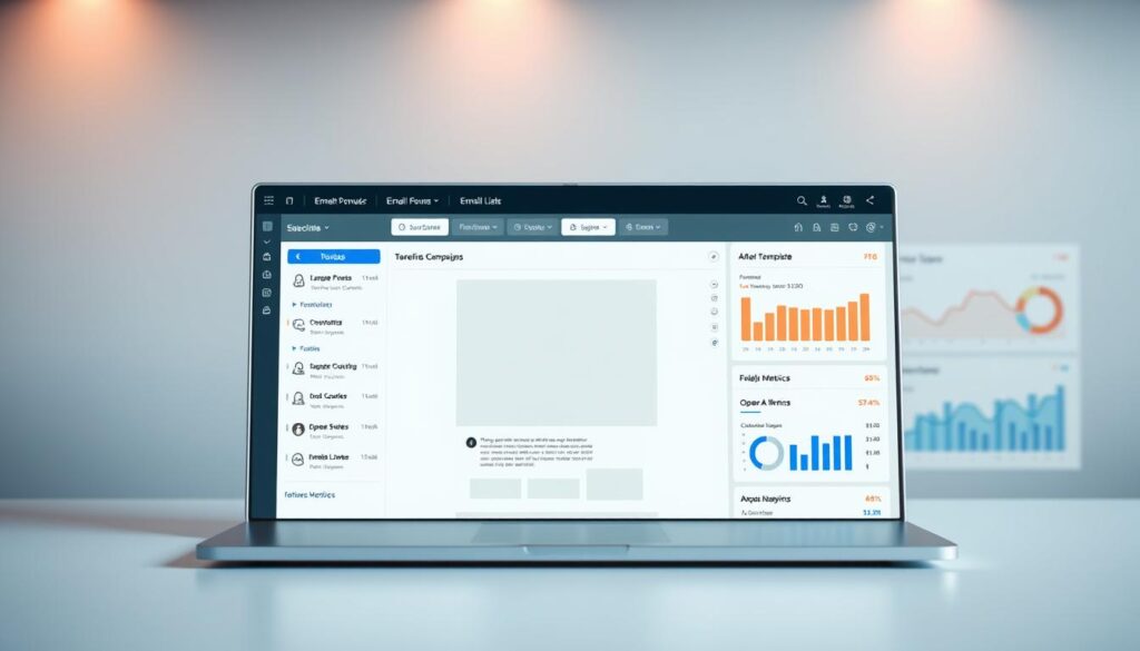A modern, sleek desktop interface displaying a comprehensive email list management dashboard. In the foreground, a meticulously designed user interface showcases intuitive tools for segmenting contacts, automating campaigns, and tracking performance metrics. The middle ground features a large, high-resolution preview of a targeted email template, its elements carefully crafted for maximum engagement. In the background, a series of dynamic charts and graphs illustrate subscriber growth, open rates, and other key analytics, all rendered in a clean, minimalist style under warm, directional lighting. The overall atmosphere conveys a sense of effortless productivity and advanced email marketing capabilities.