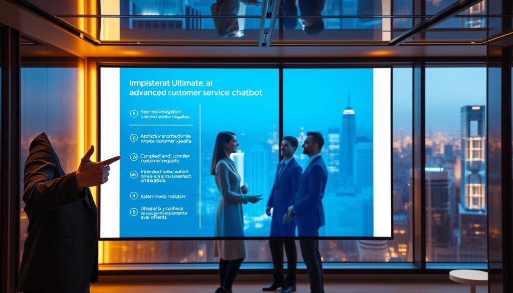 A modern, sleek office setting with a large interactive display showcasing the key features of Ultimate.ai's advanced customer service chatbot. The display is backlit, creating a warm, inviting glow. In the foreground, a stylishly dressed business professional gestures towards the display, highlighting the seamless integration and automation capabilities. The middle ground features a team of coworkers engaged in a collaborative discussion, impressed by the chatbot's abilities to handle complex customer requests. The background depicts a panoramic city skyline, symbolizing the global reach and enterprise-level solutions offered by Ultimate.ai.