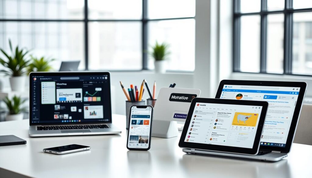 A modern, sleek office setting with an array of social media automation tools prominently displayed on a desk. In the foreground, a laptop, a smartphone, and a tablet showcase various social media management apps and dashboards. The middle ground features a desk organizer with a well-stocked stationery supply, hinting at the efficient workflow. The background showcases a minimalist, well-lit space with clean lines and neutral colors, creating a calming and productive atmosphere. Soft, natural lighting from large windows illuminates the scene, highlighting the tools' features and functionality.