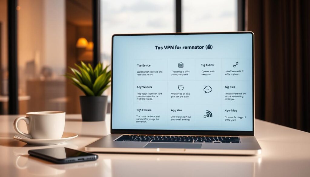A professional and sleek comparison of the top VPNs for remote work, showcased against a backdrop of a modern office setting. In the foreground, a laptop display highlights the key features of each VPN service, with clean typography and minimalist iconography. The middle ground features a clean desk setup with a potted plant, a cup of coffee, and a smartphone, all bathed in warm, indirect lighting. The background suggests an expansive city skyline, conveying a sense of global connectivity. The overall scene exudes a refined, productivity-focused atmosphere, perfectly suited to illustrate a comparative analysis of the best VPNs for remote professionals.