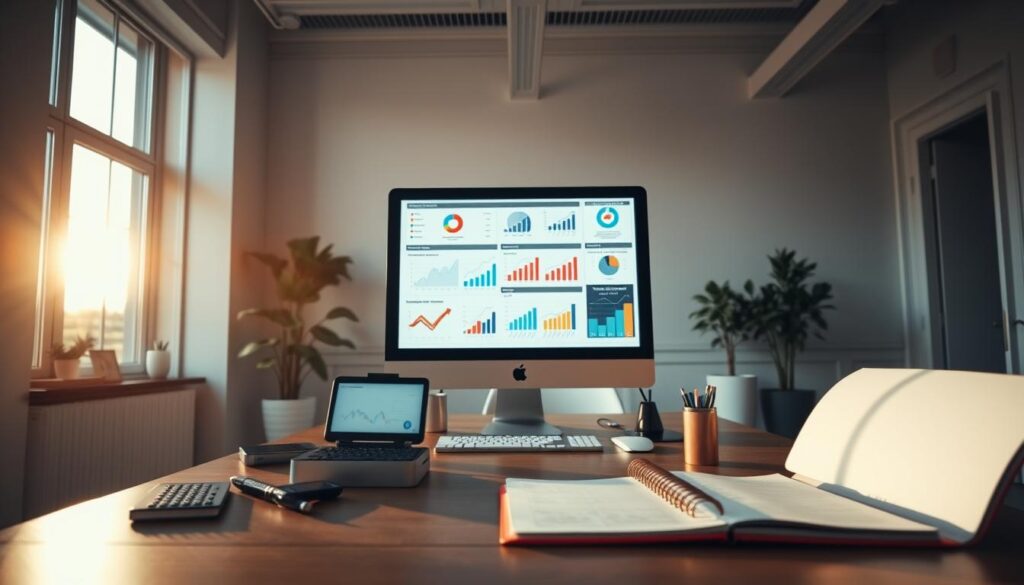 A serene office setting, illuminated by warm, natural lighting filtering through large windows. In the foreground, a desktop computer, various devices, and a pen-and-paper notebook symbolize the tools of data collection. The middle ground showcases vibrant infographics, charts, and visualizations displayed on the computer screen, highlighting the insights derived from the gathered data. The background features a minimalist, clean-lined interior design, creating a professional and productive atmosphere. The overall scene conveys the versatility and efficiency of no-code scraping, empowering users to uncover valuable data without complex technical barriers.