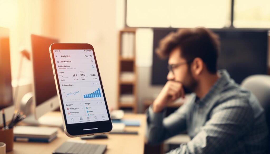 A serene office setting with a desk, computer, and various office supplies. In the foreground, a smartphone displays a social media dashboard, showcasing analytics and optimization tools. The middle ground features a person thoughtfully examining the dashboard, hand on chin, deep in concentration. The background is softly blurred, creating a sense of focus on the task at hand. The lighting is warm and natural, cast from a large window to the side. The overall mood is one of productive contemplation, as the person strategizes to optimize their social media presence.