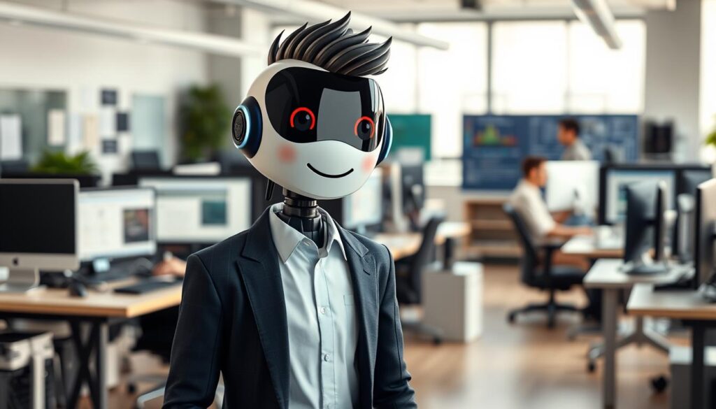A sleek and modern AI assistant, Chatsonic, stands prominently in the foreground. The assistant has a warm, friendly expression and is dressed in a crisp, professional outfit. Behind it, a bustling office scene unfolds, with workstations, monitors, and technological accoutrements arranged in a harmonious layout. The lighting is soft and natural, creating a welcoming atmosphere. The overall composition conveys the sense of an efficient, AI-powered workflow tailored for seamless SEO tasks. The image captures the essence of Chatsonic - a reliable, all-in-one SEO companion ready to automate and optimize your digital marketing efforts.