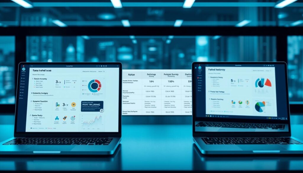 A sleek and modern comparison of enterprise endpoint detection and response (EDR) solutions. In the foreground, three laptop displays showcase detailed feature breakdowns for leading EDR platforms, with clean UI layouts and intuitive data visualizations. The middle ground features a minimalist table or chart directly comparing key metrics like detection accuracy, response time, and ease of use. In the background, a softly blurred cityscape or technology-themed backdrop conveys a professional, enterprise-level atmosphere. The lighting is cool and subtle, with a focus on clarity and readability of the technical information presented. The overall mood is one of informed decision-making, guiding the viewer through a comprehensive EDR solution comparison. A sleek and modern comparison of enterprise endpoint detection and response (EDR) solutions. In the foreground, three laptop displays showcase detailed feature breakdowns for leading EDR platforms, with clean UI layouts and intuitive data visualizations. The middle ground features a minimalist table or chart directly comparing key metrics like detection accuracy, response time, and ease of use. In the background, a softly blurred cityscape or technology-themed backdrop conveys a professional, enterprise-level atmosphere. The lighting is cool and subtle, with a focus on clarity and readability of the technical information presented. The overall mood is one of informed decision-making, guiding the viewer through a comprehensive EDR solution comparison.
