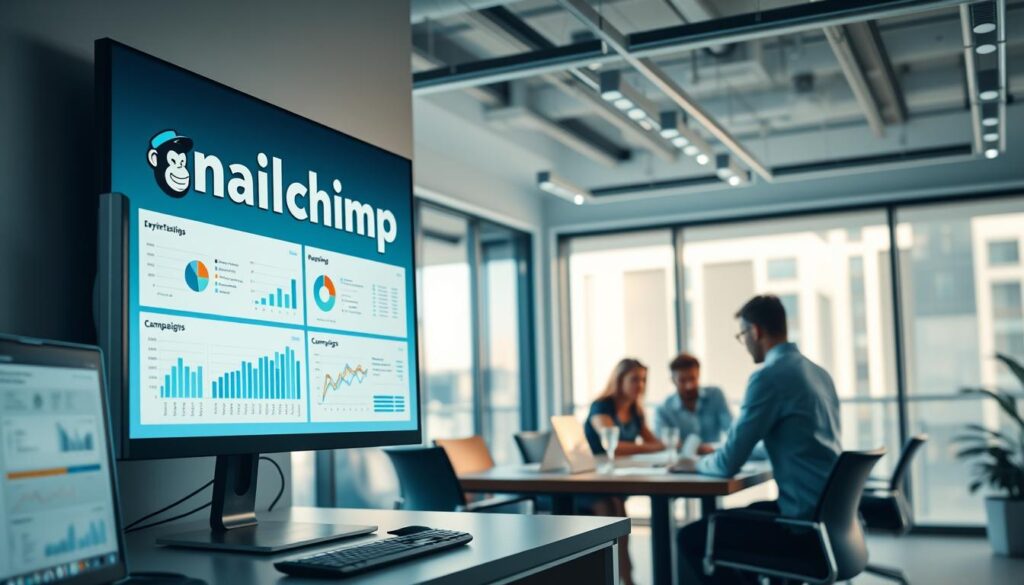 A sleek and modern office scene, with a large Mailchimp logo prominently displayed on the wall. In the foreground, a computer screen shows various marketing automation features, with graphs and data visualizations illustrating the versatility of the platform. In the middle ground, a team of professionals collaborates around a conference table, discussing campaign strategies and metrics. The background features floor-to-ceiling windows, allowing natural light to flood the space and create a warm, productive atmosphere. The lighting is soft and directional, casting subtle shadows and highlights to accentuate the professional, high-tech environment. The overall mood is one of efficiency, innovation, and the power of data-driven marketing automation.