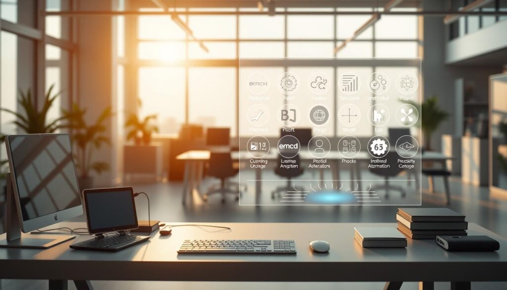 A sleek and modern office workspace, bathed in warm, natural lighting from large windows. In the foreground, an array of digital devices and productivity tools are neatly arranged on a minimalist desk, symbolizing the power of no-code automation. The middle ground features a large, holographic display showcasing various no-code platform logos, inviting the viewer to explore their capabilities. The background softly blurs into a serene, open-concept work environment, exuding a sense of focus and efficiency. The overall scene conveys the effortless integration of no-code tools into a streamlined, productive workflow.