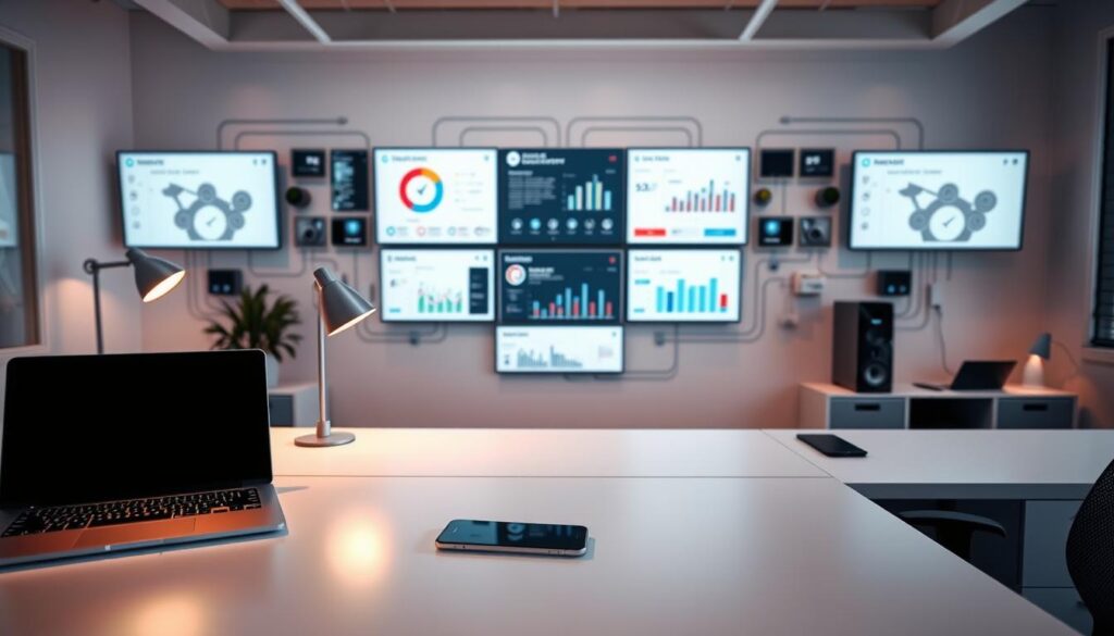 A sleek and modern office workspace with a clean, minimalist aesthetic. The foreground features a minimalist desk with a laptop, smartphone, and a simple lamp. The middle ground showcases a stylized social media dashboard with intuitive controls and analytics displayed on multiple screens. The background depicts a wall of interconnected digital devices, symbolizing the seamless integration of social media automation. Diffused lighting creates a warm, productive atmosphere, while the camera angle provides a bird's-eye view, conveying a sense of efficiency and organization.