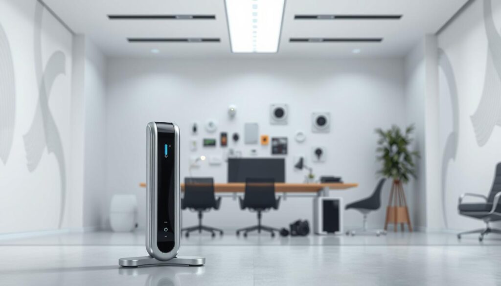 A sleek, futuristic automation tool stands in the foreground, its metallic casing gleaming under soft, directional lighting. The device is presented against a backdrop of a minimalist, high-tech office space, with clean lines, neutral tones, and subtle patterns on the walls. In the middle ground, various smart devices and sensors are integrated seamlessly, conveying the tool's ability to connect and control a range of automated systems. The overall atmosphere is one of efficiency, innovation, and a streamlined approach to simplifying tasks, reflecting the "Beginner's Guide to Automation Without Coding" theme.