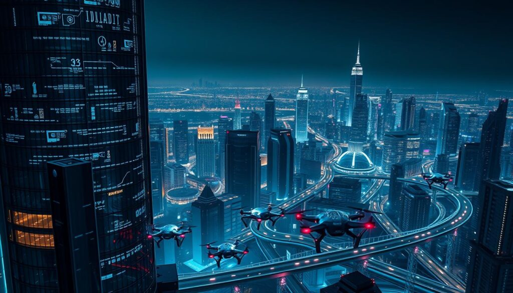 A sleek, futuristic cityscape at night, bathed in a cool, neon-infused glow. In the foreground, a towering structure resembling a high-tech command center, its windows shimmering with a mesmerizing array of data visualizations. Emerging from the shadows, a swarm of autonomous drones, their metallic forms accentuated by vibrant, pulsing lights, navigating the urban landscape with precision and purpose. In the middle ground, a network of interconnected pathways and bridges, traversed by a seamless flow of information. The background is a panoramic view of the city, its skyscrapers and infrastructure interwoven with a complex matrix of glowing cables and circuits, creating an otherworldly, cyberpunk atmosphere. The scene conveys a sense of advanced, self-sustaining automation, where the boundaries between technology and the natural world have blurred, ushering in a new era of intelligent, self-directed SEO optimization.