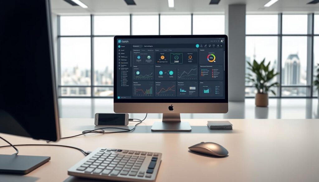 A sleek, minimalist office setting with a desktop computer, keyboard, and mouse in the foreground. In the middle ground, a series of automated workflows and data visualizations are displayed on the computer screen, highlighting efficient task management. The background features a clean, airy space with large windows overlooking a cityscape, conveying a sense of productivity and progress. The lighting is soft and diffused, creating a calm, professional atmosphere. A muted color palette of grays, whites, and blues reinforces the theme of best practices for automation.