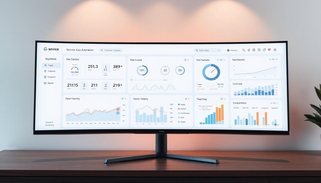 A sleek, minimalist service automation dashboard displayed on a high-resolution widescreen monitor. The dashboard features intuitive charts, graphs, and data visualizations that provide real-time insights into the performance and efficiency of the customer support automation system. The layout is clean and well-organized, with clear delineation between different sections and modules. Subtle, muted colors create a calming, professional atmosphere, while strategically placed lighting casts a warm glow across the screen. The dashboard is presented from a slightly elevated, frontal angle, giving the viewer a sense of authority and control over the system. The overall impression is one of power, precision, and a deep understanding of the customer support automation process.