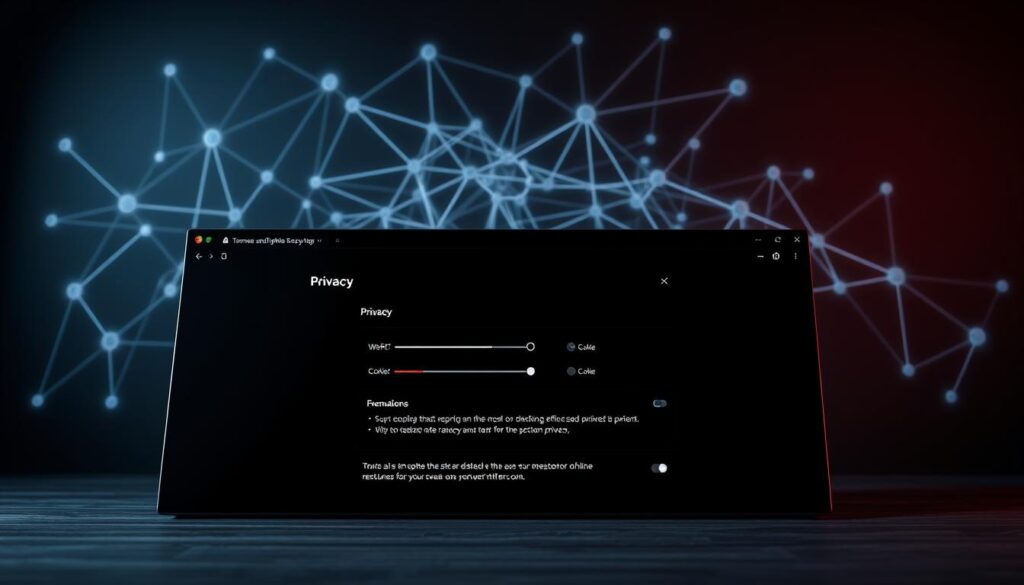 A sleek, modern browser interface with a focus on privacy and security features. The foreground showcases a clean, minimalist design with a dark color scheme and subtle glowing accents, conveying a sense of sophistication and high-tech functionality. The middle ground features a series of toggle switches, sliders, and options for fine-tuning privacy settings, such as WebRTC protection, cookie management, and tracking prevention. The background depicts a stylized network visualization, with interconnected nodes and lines representing the complex web of online interactions, emphasizing the browser's role in safeguarding user data. Dramatic lighting casts dramatic shadows, adding depth and a sense of power to the overall composition. The overall atmosphere is one of control, confidence, and unwavering commitment to digital privacy.