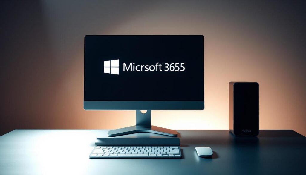 A sleek, modern desktop computer setup with a Microsoft 365 logo prominently displayed on the screen. The computer sits on a minimalist, metallic desk, with a clean, white keyboard and mouse. The background is a soft, muted gradient, lending a sense of professionalism and sophistication. Subtle blue and gray tones accent the scene, reflecting the colors of the Microsoft 365 brand. Dramatic, directional lighting casts a warm glow, highlighting the clean lines and attention to detail. The overall impression is one of advanced, secure email communication within the Microsoft 365 ecosystem.