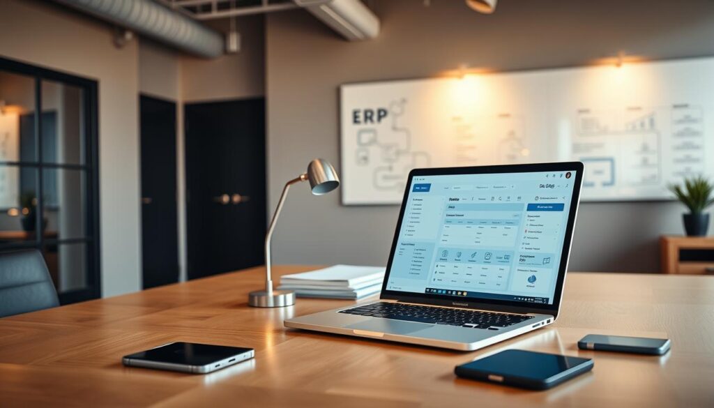 A sleek, modern office interior with a large desk featuring a laptop, tablet, and smartphone. In the foreground, an ERP (Enterprise Resource Planning) software interface is prominently displayed on the laptop screen, showcasing the seamless integration of accounting and invoicing automation. The middle ground features a neatly organized workspace with a stylish desk lamp, a stack of files, and a pen holder. The background depicts a wall-mounted whiteboard with diagrams and flowcharts, reflecting the interconnectivity of various business systems. The lighting is warm and natural, creating a productive and efficient atmosphere. The overall scene conveys the power of integrating invoicing automation with an organization's core ERP system. A sleek, modern office interior with a large desk featuring a laptop, tablet, and smartphone. In the foreground, an ERP (Enterprise Resource Planning) software interface is prominently displayed on the laptop screen, showcasing the seamless integration of accounting and invoicing automation. The middle ground features a neatly organized workspace with a stylish desk lamp, a stack of files, and a pen holder. The background depicts a wall-mounted whiteboard with diagrams and flowcharts, reflecting the interconnectivity of various business systems. The lighting is warm and natural, creating a productive and efficient atmosphere. The overall scene conveys the power of integrating invoicing automation with an organization's core ERP system.