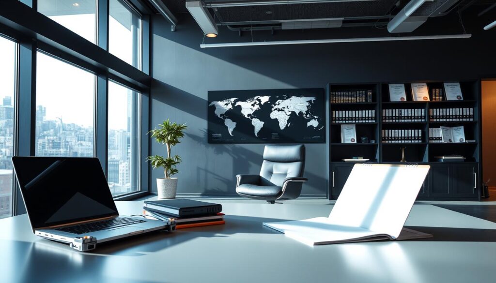 A sleek, modern office interior with large windows bathing the room in soft, natural light. In the foreground, a desk with a laptop, folders, and secure data storage devices. The middle ground features an executive-style chair and a bookshelf filled with compliance manuals and cybersecurity literature. The background showcases a world map and framed certifications, conveying a sense of global data governance. The overall mood is one of professionalism, technological sophistication, and a commitment to data security best practices.