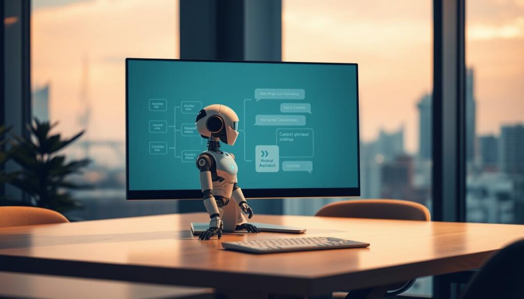 A sleek, modern office setting with a large computer screen in the foreground, displaying a schematic diagram of a chatbot's architecture. In the middle ground, an AI assistant robot interacts with a human user, showcasing the conversational interface. The background features a blurred cityscape, hinting at the broader technological landscape in which chatbots operate. The lighting is warm and inviting, with subtle shadows and highlights that accentuate the key elements. The overall composition conveys a sense of seamless integration between human and machine, highlighting the core functionality of chatbots. A sleek, modern office setting with a large computer screen in the foreground, displaying a schematic diagram of a chatbot's architecture. In the middle ground, an AI assistant robot interacts with a human user, showcasing the conversational interface. The background features a blurred cityscape, hinting at the broader technological landscape in which chatbots operate. The lighting is warm and inviting, with subtle shadows and highlights that accentuate the key elements. The overall composition conveys a sense of seamless integration between human and machine, highlighting the core functionality of chatbots.