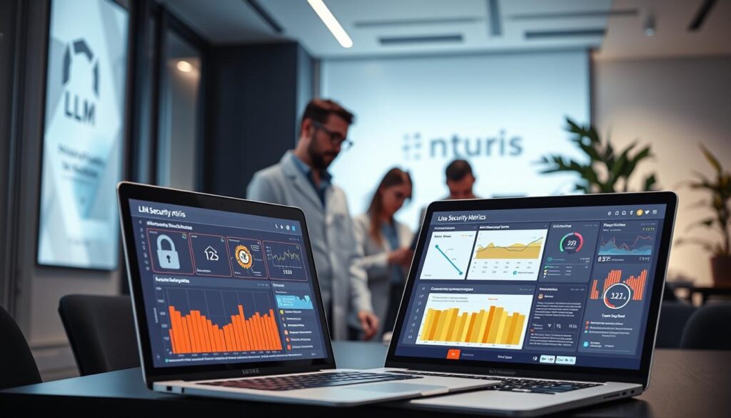 A sleek, modern office setting with clean lines and minimalist decor. In the foreground, a laptop displays a dashboard monitoring LLM security metrics, its screen glowing with vibrant visualizations. In the middle ground, a team of data scientists and security analysts pore over complex data, their expressions focused as they implement robust safeguards. The background is softly lit, with subtle hints of corporate branding and a sense of technological prowess. The overall atmosphere conveys a balance of cutting-edge innovation and vigilant data protection.
