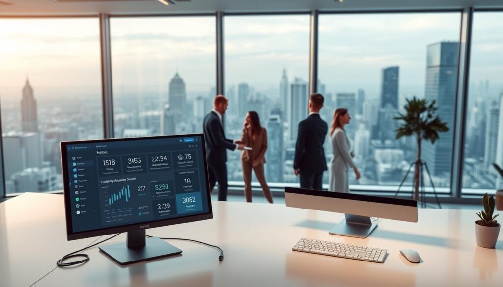 A sleek, modern office space with an atmosphere of efficiency and automation. In the foreground, a desktop computer with a minimalist display showcases a dashboard of customizable automation tools. The middle ground features a team of professionals collaborating seamlessly, their movements choreographed by the invisible algorithms powering the software. In the background, a large window offers a panoramic view of a bustling city skyline, reflecting the integration of cutting-edge technology into the daily operations of the business. Subtle blue and white tones create a clean, futuristic ambiance, while carefully placed lighting casts an aura of productivity and progress.