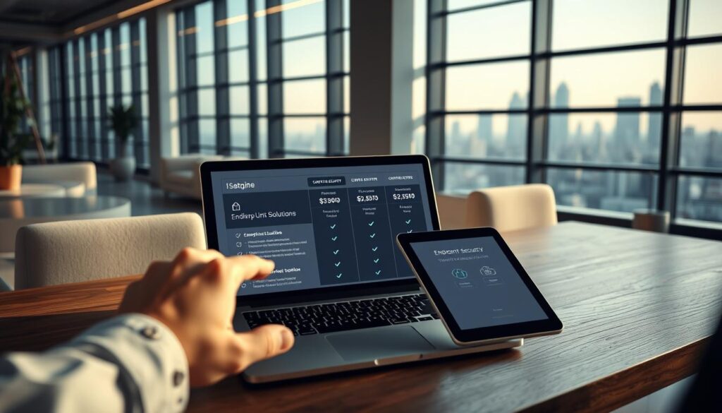 A sleek, modern office with minimalist furniture and large windows, soft natural lighting illuminating the space. On a wooden desk, a laptop and tablet display a detailed comparison of endpoint security solutions, their features and pricing options. In the foreground, a person's hand hovers over the devices, carefully evaluating the information presented. The background features a city skyline, symbolizing the startup's growth and the need for robust cybersecurity. The overall mood is one of thoughtful consideration and decision-making. A sleek, modern office with minimalist furniture and large windows, soft natural lighting illuminating the space. On a wooden desk, a laptop and tablet display a detailed comparison of endpoint security solutions, their features and pricing options. In the foreground, a person's hand hovers over the devices, carefully evaluating the information presented. The background features a city skyline, symbolizing the startup's growth and the need for robust cybersecurity. The overall mood is one of thoughtful consideration and decision-making.