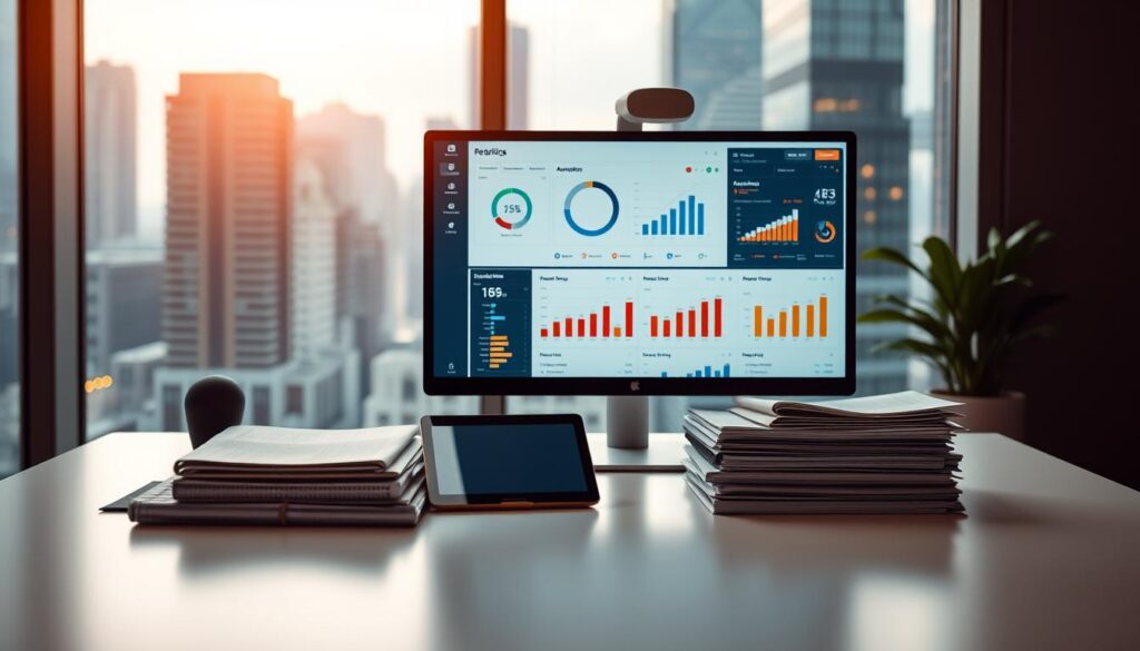 A sleek, modern office workspace with a variety of data reporting tools neatly arranged on a clean, minimalist desk. In the foreground, a high-resolution computer monitor displays a sophisticated analytics dashboard, the screen illuminated by warm, directional lighting. In the middle ground, a tablet and a stack of organized files suggest collaborative data review. The background features a large window overlooking a bustling city skyline, creating a sense of productivity and efficiency. The overall mood is one of professionalism, technology, and data-driven decision making.