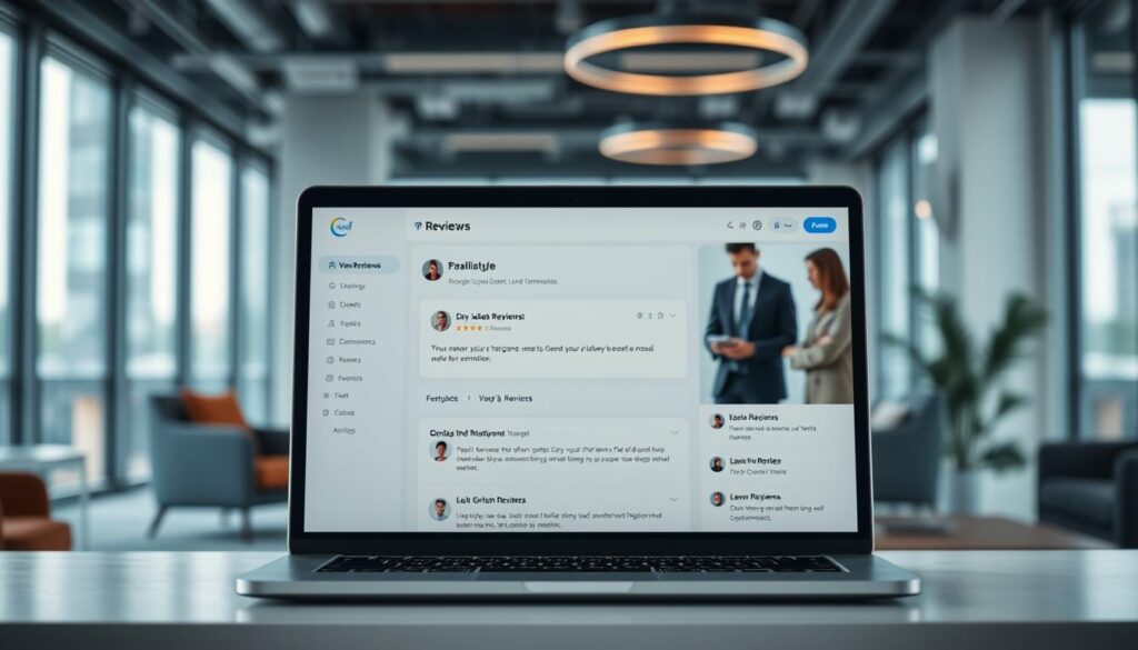 A sleek, modern reviews platform with a clean, minimalist interface. In the foreground, a laptop displays a well-designed dashboard for collecting and managing customer testimonials. The middle ground features a group of professional-looking people interacting with the platform, providing feedback and leaving reviews. The background showcases a sophisticated, corporate-style office setting with floor-to-ceiling windows, modern furniture, and subtle lighting that creates a warm, inviting atmosphere. The overall scene conveys a sense of efficiency, trust, and high-quality user experience tailored for enterprise-level businesses.