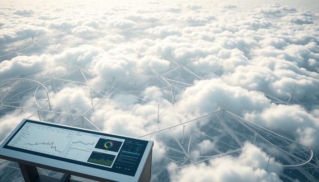 A sprawling landscape of data platforms, scaling dynamically to handle surging information flows. In the foreground, a sleek, minimalist control panel with intuitive data visualization dashboards. Intricate webs of data pipelines crisscross the midground, seamlessly integrating diverse data sources. The background depicts a vast, cloud-like infrastructure, pulsing with the rhythm of petabytes of data. Soft, diffused lighting illuminates the scene, creating a sense of technological elegance and power. The camera angle is elevated, offering a bird's-eye view of this complex, adaptable data ecosystem.