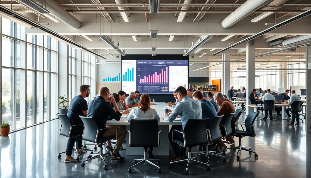 A sprawling office space with large windows, allowing natural light to pour in. In the foreground, a team of professionals huddled around a sleek, modern conference table, deep in discussion. On the walls, a large screen displays a visual representation of Optimizely's advanced experimentation platform, its data-driven insights illuminating the room. In the background, a bustling open-concept workspace, with developers and analysts collaborating on optimization strategies. The atmosphere is one of productivity and innovation, reflecting Optimizely's powerful capabilities for large teams. A sprawling office space with large windows, allowing natural light to pour in. In the foreground, a team of professionals huddled around a sleek, modern conference table, deep in discussion. On the walls, a large screen displays a visual representation of Optimizely's advanced experimentation platform, its data-driven insights illuminating the room. In the background, a bustling open-concept workspace, with developers and analysts collaborating on optimization strategies. The atmosphere is one of productivity and innovation, reflecting Optimizely's powerful capabilities for large teams.