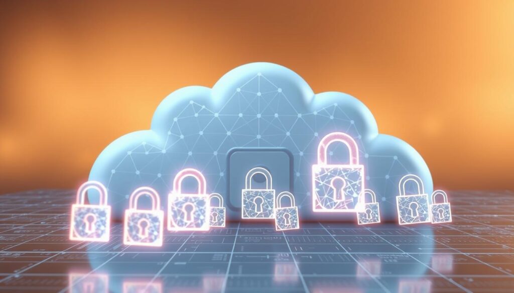 A striking 3D render of a cloud-shaped data fortress, with elegant lines and sharp edges that convey a sense of technological sophistication. The cloud is composed of intricate geometric patterns, symbolizing the complex encryption algorithms that safeguard sensitive data. In the foreground, a series of shimmering, holographic locks and keys float, representing the various access control mechanisms. The background is bathed in a soft, warm glow, creating a sense of security and reassurance. The overall scene is shot from a slightly elevated perspective, giving the impression of a powerful, impenetrable digital stronghold.