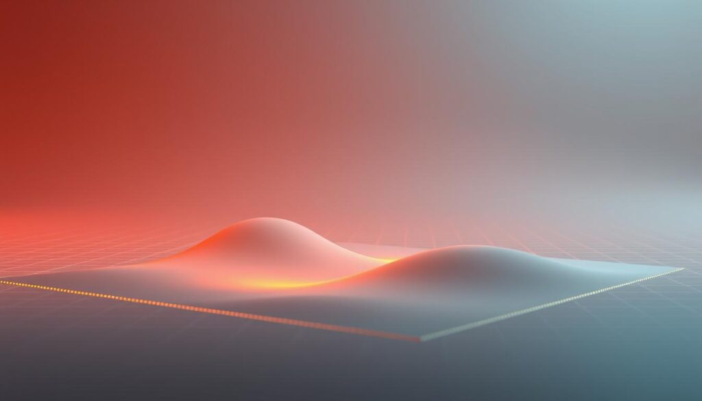 A striking visualization of a loss function, depicted as a three-dimensional surface illuminated by a warm, directional light. The foreground features a smooth, undulating curve representing the loss function, with highlighted valleys and peaks indicating areas of low and high error, respectively. The middle ground showcases a grid-like structure, suggestive of the parameter space being optimized. In the background, a subtle grid pattern recedes into the distance, providing a sense of depth and perspective. The overall atmosphere is one of scientific inquiry, with a clean, minimalist aesthetic that allows the loss function to take center stage.