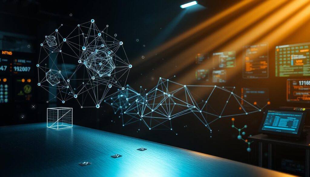 A strikingly detailed scene of machine learning models in action, rendered with photorealistic precision. In the foreground, intricate neural network diagrams and data visualizations float above a sleek, metallic surface. In the middle ground, abstract geometric shapes and lines representing algorithms intertwine, casting dynamic shadows. The background is a dimly lit, high-tech environment with flickering displays and computer hardware, creating an atmosphere of cutting-edge innovation. The lighting is dramatic, with beams of light cutting through the scene, illuminating the complex machine learning components. The composition is balanced and symmetrical, conveying a sense of order and sophistication within the AI data analytics framework. A strikingly detailed scene of machine learning models in action, rendered with photorealistic precision. In the foreground, intricate neural network diagrams and data visualizations float above a sleek, metallic surface. In the middle ground, abstract geometric shapes and lines representing algorithms intertwine, casting dynamic shadows. The background is a dimly lit, high-tech environment with flickering displays and computer hardware, creating an atmosphere of cutting-edge innovation. The lighting is dramatic, with beams of light cutting through the scene, illuminating the complex machine learning components. The composition is balanced and symmetrical, conveying a sense of order and sophistication within the AI data analytics framework.