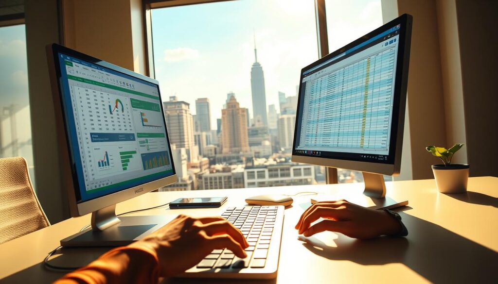 A sunlit office setting, a modern desk with a sleek computer monitor displaying a vibrant spreadsheet interface. In the foreground, hands typing away at a keyboard, automating data entry and formulas. The middle ground showcases various productivity tools and software windows, neatly arranged to streamline the workflow. In the background, a large window offers a view of a bustling city skyline, suggesting a dynamic, efficient work environment. The lighting is warm and natural, creating a sense of productivity and focus. This scene conveys the power of spreadsheet automation to enhance and optimize professional tasks, elevating the user's efficiency and workflow. A sunlit office setting, a modern desk with a sleek computer monitor displaying a vibrant spreadsheet interface. In the foreground, hands typing away at a keyboard, automating data entry and formulas. The middle ground showcases various productivity tools and software windows, neatly arranged to streamline the workflow. In the background, a large window offers a view of a bustling city skyline, suggesting a dynamic, efficient work environment. The lighting is warm and natural, creating a sense of productivity and focus. This scene conveys the power of spreadsheet automation to enhance and optimize professional tasks, elevating the user's efficiency and workflow.