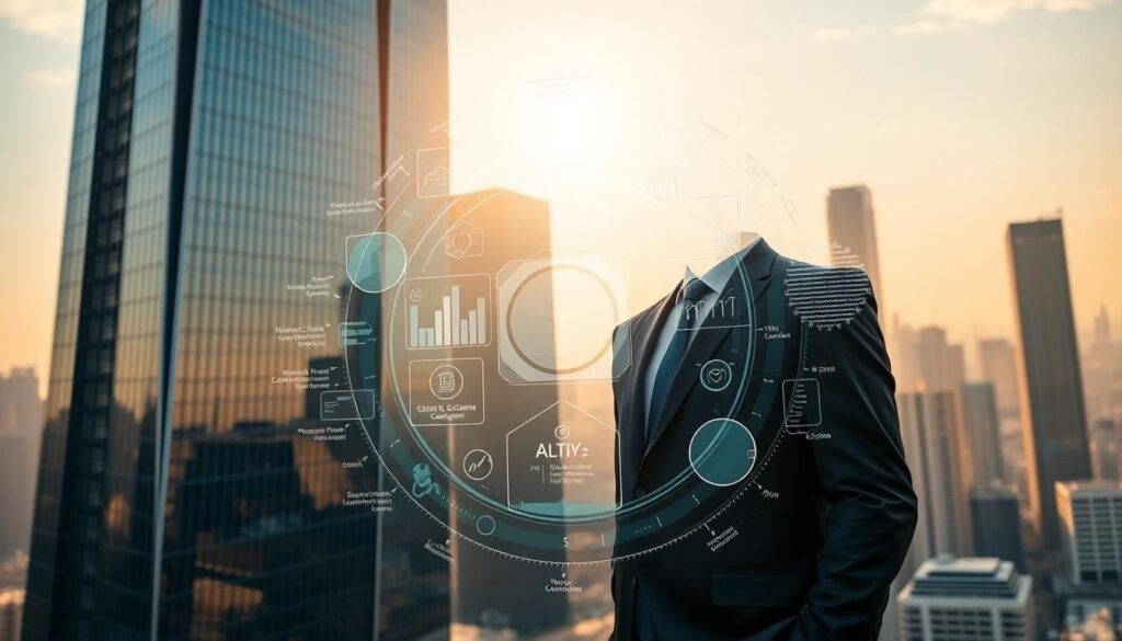A towering skyscraper set against a sleek, ultramodern cityscape, its glass facade gleaming in the warm afternoon sunlight. In the foreground, a businessperson stands tall, their suit immaculately tailored, conveying a sense of authority and unwavering compliance. Surrounding them, a halo of holographic data visualizations and compliance metrics, illuminating the importance of adhering to regulatory frameworks in the age of AI. The entire scene is bathed in a soft, golden glow, creating an atmosphere of professionalism and gravity. Subtle details, such as the reflection of the city in the glass windows and the crisp, angular shadows, add depth and sophistication to the image.