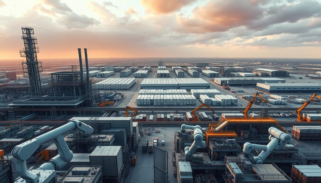 A vast industrial landscape stretches out before the viewer, dominated by a towering factory complex. In the foreground, robotic arms tirelessly assemble products, while sleek, streamlined machines process raw materials. The middle ground features a bustling hub of activity, with workers monitoring control panels and supervising automated processes. In the background, an expanse of warehouses and distribution centers hums with the activity of logistics and supply chain management. Overhead, a warm, golden light filters through the clouds, casting a sense of productivity and efficiency. The entire scene conveys the power and potential of modern industrial automation, where robotic processes and no-code tools work in harmony to drive innovation and growth.