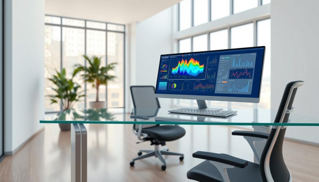 A vibrant 3D rendering of a sleek, modern computer workstation showcasing the practical implementation of optimization algorithms. In the foreground, a glass-topped desk features a laptop displaying a dynamic visualization of various optimization techniques, surrounded by an array of colorful charts and diagrams. The middle ground features an ergonomic office chair and a potted plant, creating a sense of balance and productivity. The background depicts a minimalist, well-lit room with floor-to-ceiling windows, allowing natural light to flood the space and creating a serene, focused atmosphere conducive to advanced computational work. The overall scene conveys a harmonious blend of technology, optimization, and a professional work environment.