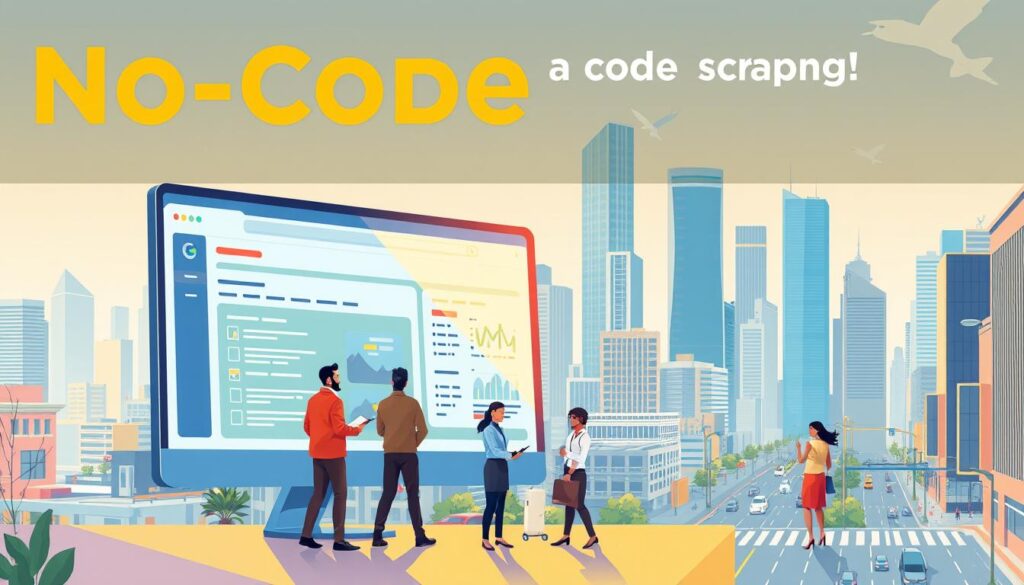 A vibrant and dynamic illustration showcasing the key benefits of no-code scraping. In the foreground, a sleek and modern web browser window displays a data scraping dashboard, highlighting the effortless extraction of valuable information. In the middle ground, a team of diverse professionals collaborate seamlessly, emphasizing the collaborative nature of no-code scraping. In the background, a cityscape of towering skyscrapers and bustling streets, symbolizing the far-reaching applications of this powerful technology. The scene is bathed in warm, natural lighting, conveying a sense of productivity and innovation. The overall mood is one of efficiency, empowerment, and the seamless integration of technology into everyday business processes.