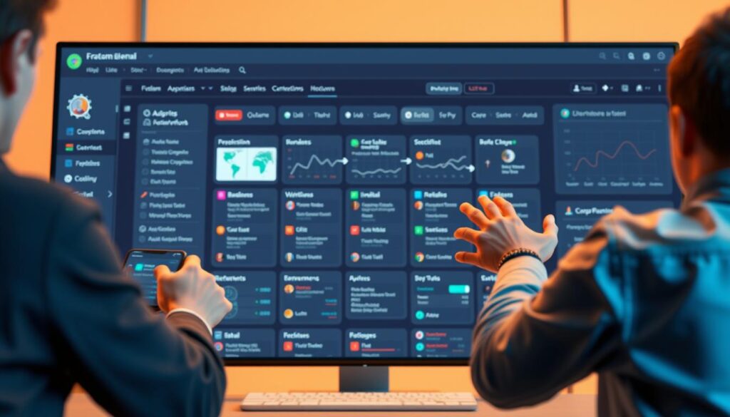 A vibrant and dynamic software interface unfolds, showcasing intuitive and flexible workflows. In the foreground, a user seamlessly interacts with customizable dashboard elements, effortlessly manipulating data and automating tasks. The middle ground features a grid of connected modules, each representing a distinct workflow, their interplay a testament to the system's adaptability. In the background, a sleek and modern aesthetic prevails, with clean lines, muted tones, and subtle gradients creating a sense of sophistication and efficiency. Warm, diffused lighting casts a subtle glow, highlighting the responsiveness and fluidity of the user experience. The overall scene conveys a sense of empowerment, where complex operations become intuitive and effortless.