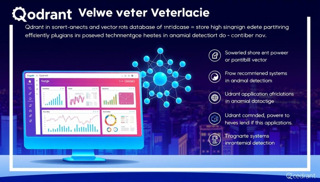 A vibrant and insightful illustration showcasing the advantages and use cases of Qdrant, a powerful vector database. In the foreground, a sleek, modern interface displays various data visualization elements, highlighting Qdrant's ability to store and query high-dimensional vectors efficiently. The middle ground features a cluster of interconnected nodes, representing Qdrant's scalable and flexible architecture. In the background, a cityscape backdrop sets the scene, alluding to Qdrant's versatility in powering a wide range of applications, from recommendation systems to anomaly detection. The image conveys a sense of innovation, technology, and the transformative potential of this advanced vector database solution.