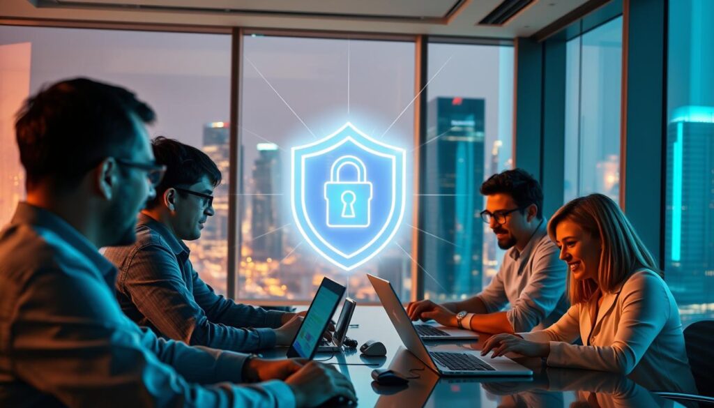 A vibrant, cinematic scene of a remote team collaborating securely. In the foreground, team members in a virtual conference, their faces illuminated by the glow of their devices. Behind them, a sleek, high-tech office space with large windows overlooking a bustling city skyline. Soft, warm lighting creates a sense of productivity and focus. In the background, a secure VPN connection symbolized by a glowing, futuristic tunnel, shielding the team's data and communication from any external threats. The overall atmosphere conveys a sense of professionalism, technological innovation, and unwavering commitment to secure collaboration.
