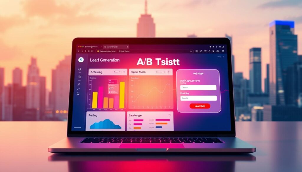 A vibrant, digital illustration depicting lead generation and A/B testing. In the foreground, a laptop screen displays an A/B testing dashboard, with colorful graphs and charts. In the middle ground, a stylized lead capture form invites user interaction, its fields glowing with dynamic energy. The background features a cityscape of skyscrapers, symbolizing the scale and impact of data-driven marketing strategies. The lighting is a blend of soft, ambient tones and bold, directional highlights, creating a sense of depth and technical sophistication. The overall tone is one of innovation, optimization, and the power of data-driven decision making. A vibrant, digital illustration depicting lead generation and A/B testing. In the foreground, a laptop screen displays an A/B testing dashboard, with colorful graphs and charts. In the middle ground, a stylized lead capture form invites user interaction, its fields glowing with dynamic energy. The background features a cityscape of skyscrapers, symbolizing the scale and impact of data-driven marketing strategies. The lighting is a blend of soft, ambient tones and bold, directional highlights, creating a sense of depth and technical sophistication. The overall tone is one of innovation, optimization, and the power of data-driven decision making.