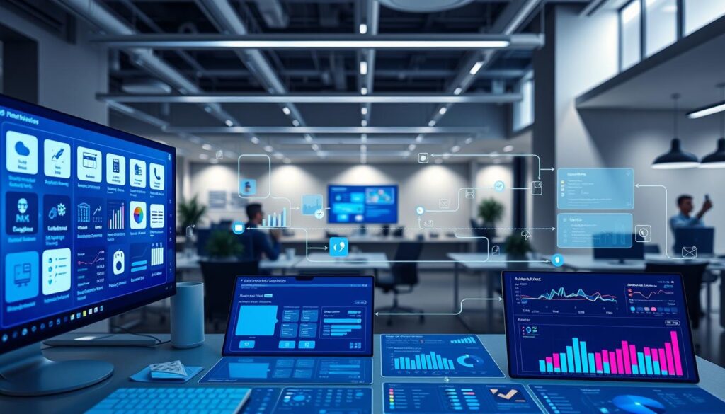 A vibrant digital workspace with streamlined workflows, featuring clean icons, intuitive UI, and seamless data synchronization. Soft, diffused lighting illuminates the scene, creating a sense of efficiency and productivity. The foreground showcases an array of task management tools, digital calendars, and communication channels neatly organized. In the middle ground, automated processes flow smoothly, with data visualizations and real-time analytics dashboards providing insights. The background depicts a minimalist office environment, with neutral tones and geometric architectural elements, conveying a sense of simplicity and focus.